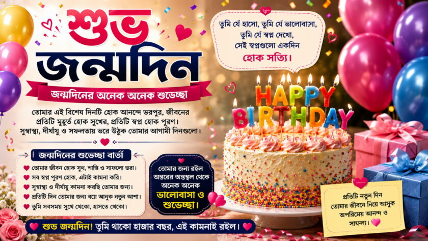 শুভ জন্মদিন ব্যানার - জন্মদিনের অনেক অনেক শুভেচ্ছা, কেক, বেলুন ও উপহারের বাংলা ডিজাইন